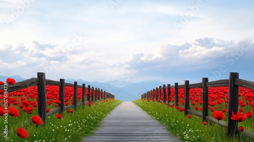A quiet country path stretches between wooden fences, flanked by endless fields of blooming poppies