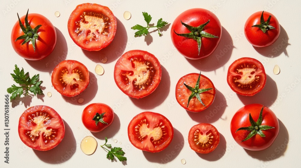 Overhead shot of halved and whole red tomatoes with parsley and oil droplets create a vibrant food scene. Overhead shot of halved and whole red tomatoes with parsley and oil droplets create a vibrant food scene.