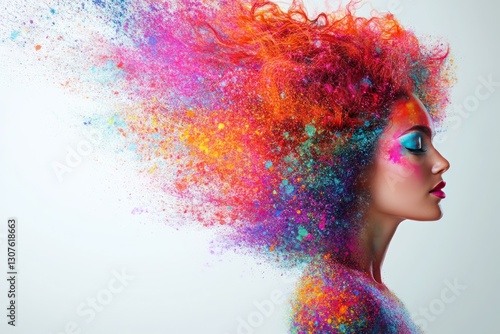 Vibrant woman profile with colorful powder explosion hairstyle and creative makeup artistry