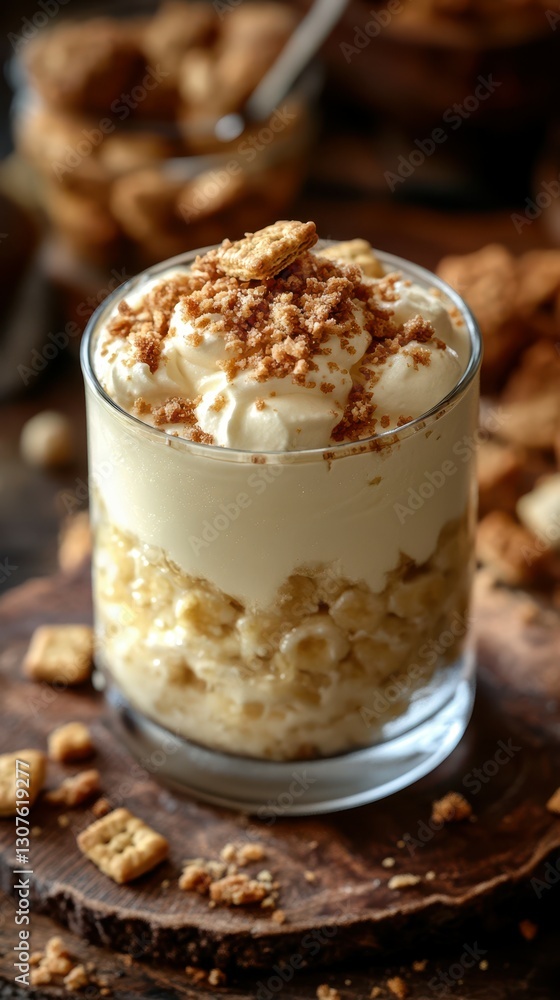Creamy dessert layered with crushed cookies served in a clear glass on a wooden table with crumbs scattered around Creamy dessert layered with crushed cookies served in a clear glass on a wooden table with crumbs scattered around