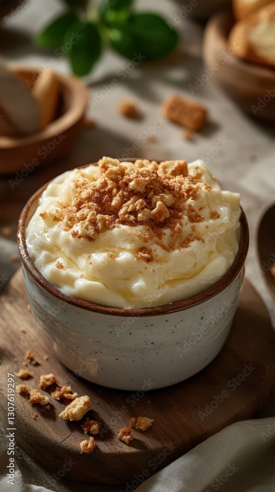 Creamy dessert topped with crushed cookies served in a rustic bowl on a wooden table Creamy dessert topped with crushed cookies served in a rustic bowl on a wooden table