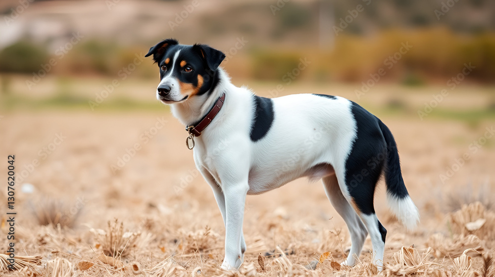 Selective shot of a bicolor black and white dog with a collar, standing and looking on a dry field Selective shot of a bicolor black and white dog with a collar, standing and looking on a dry field