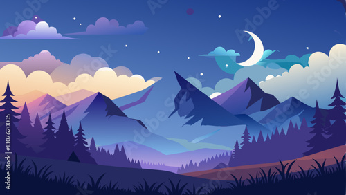 A dreamy night sky landscape with glowing stars and a crescent moon over mountains