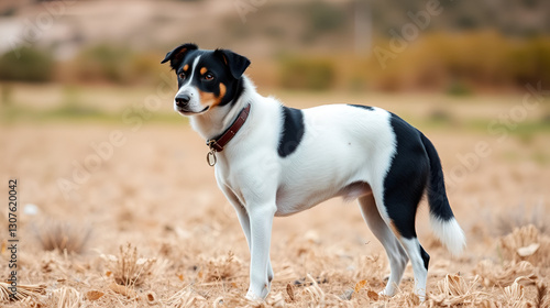 Selective shot of a bicolor black and white dog with a collar, standing and looking on a dry field