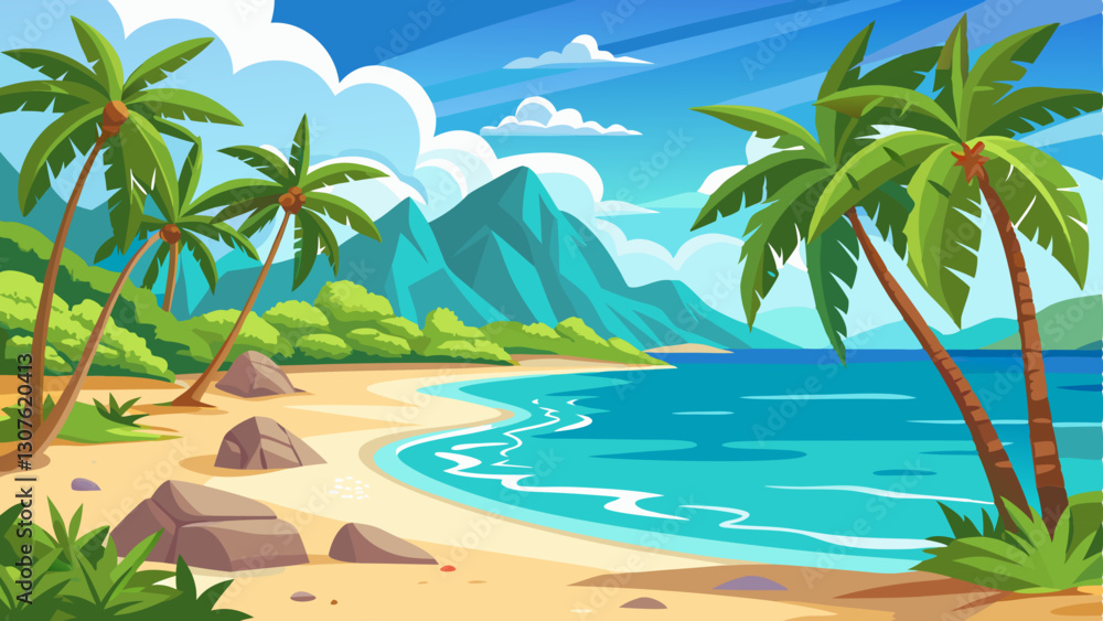 A vector illustration of a tropical beach with palm trees and clear blue water A vector illustration of a tropical beach with palm trees and clear blue water