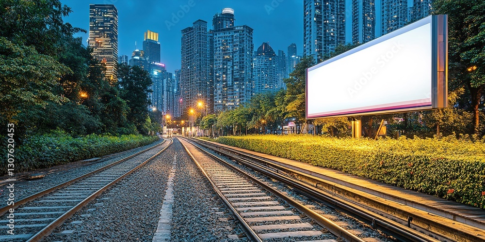 Fototapeta premium Urban railway landscape at dusk with illuminated billboard and city skyline in the background