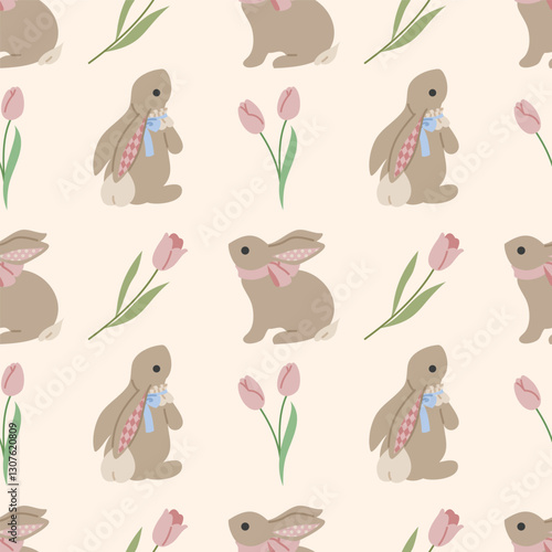 Cute, spring, cozy pattern with bunnies and wildflowers
