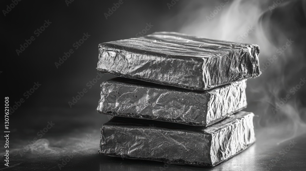 Fototapeta premium Dark Gray Rectangular Blocks Stacked With Smoke, Dramatic