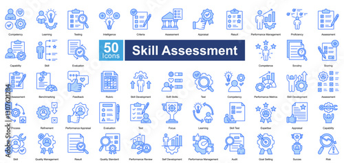 Skill Assessment icon set in blue color style, featuring 50 icons of evaluation, proficiency, testing, and competency. Perfect for HR, education, career development, and performance reviews.