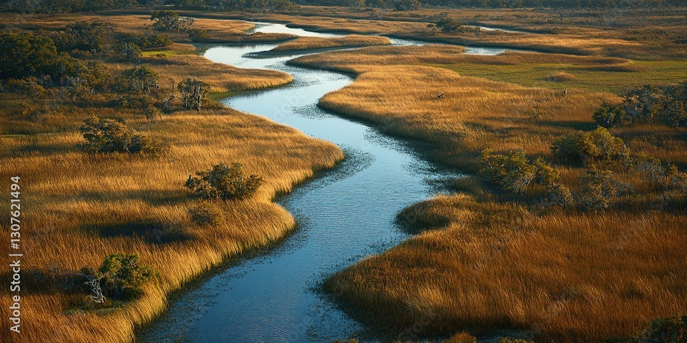 Obraz premium Winding river flows through golden marshlands under a bright sky in a serene landscape at sunrise