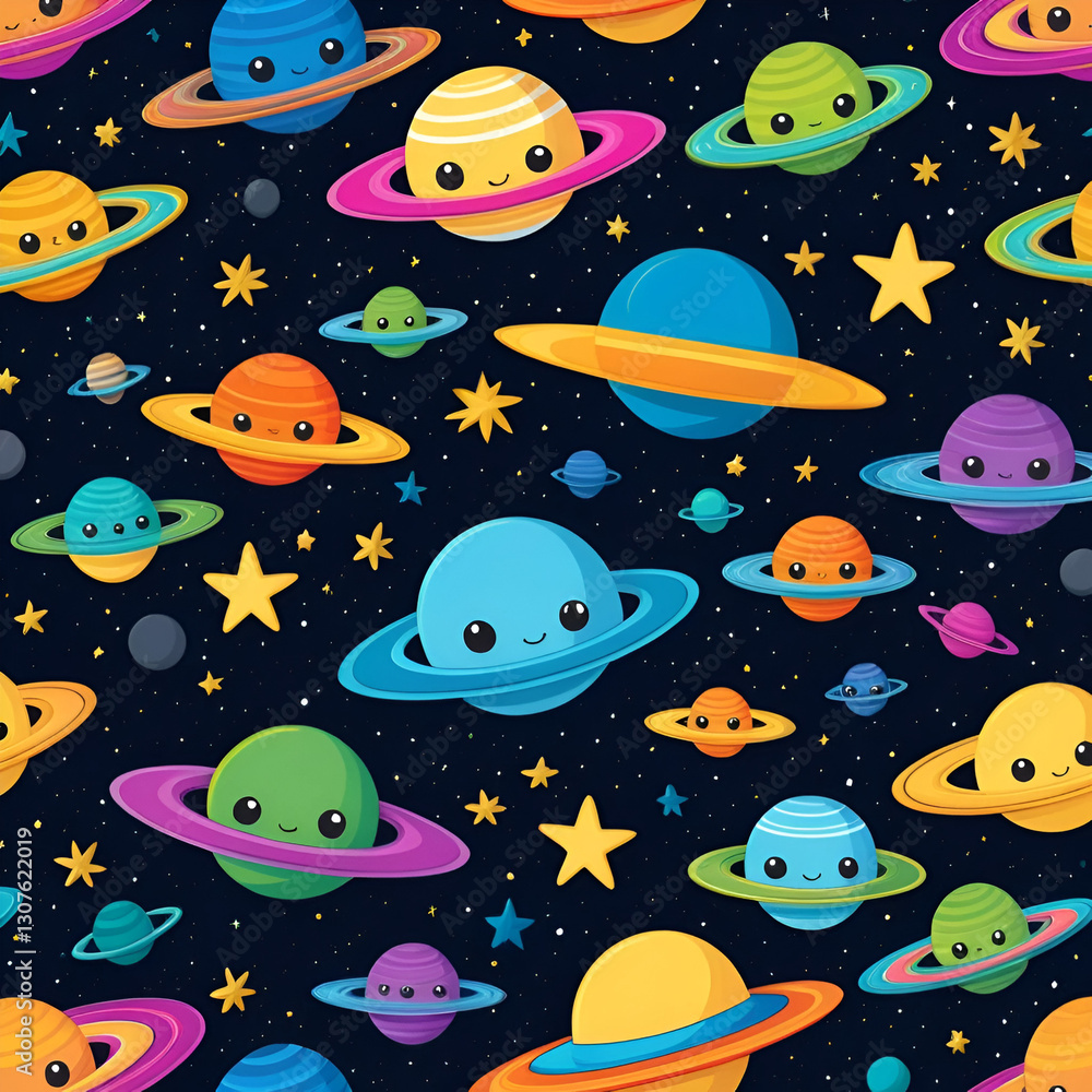 Obraz premium Alien spaceships with cartoon faces float in a starry night sky filled with colorful stars and planets