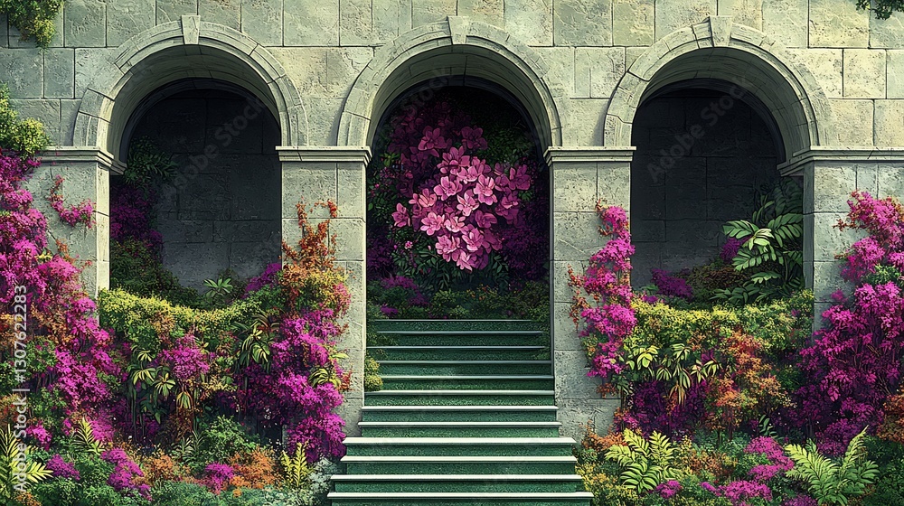 Fototapeta premium Vibrant flowers bloom softly illuminating stone arches steps. AI Generated