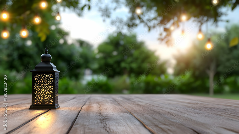 Illuminated Lantern on Wooden Table, Outdoor Garden Setting, String Lights, Festive Ambiance, Ideal for Ramadan or Eid celebrations Illuminated Lantern on Wooden Table, Outdoor Garden Setting, String Lights, Festive Ambiance, Ideal for Ramadan or Eid celebrations