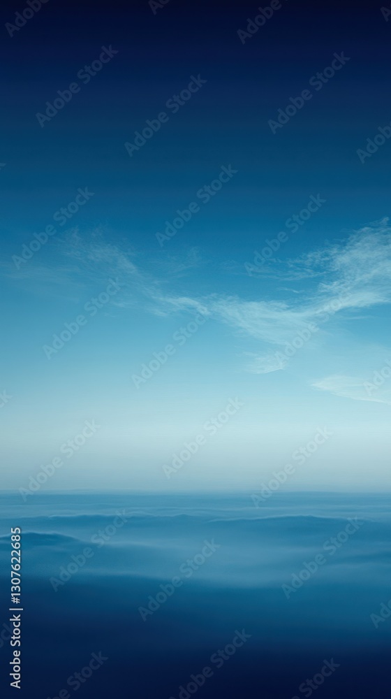 Vast blue sky and mist-covered mountains create a serene atmosphere at dawn near the ocean Vast blue sky and mist-covered mountains create a serene atmosphere at dawn near the ocean