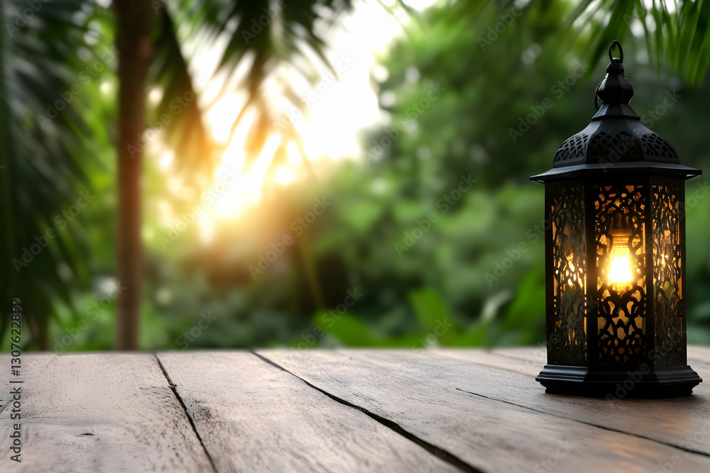 Illuminated lantern on wooden table, tropical sunset background. Ideal for Ramadan, peace, tranquility, or religious themes Illuminated lantern on wooden table, tropical sunset background. Ideal for Ramadan, peace, tranquility, or religious themes