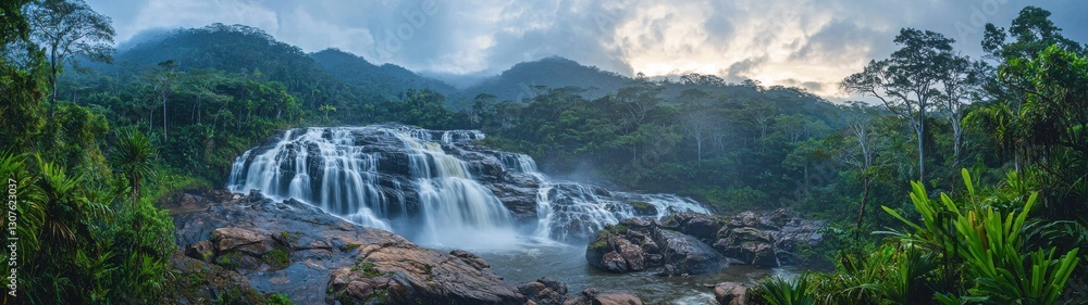 Fototapeta premium A captivating waterfall gracefully flows through the verdant rainforest, creating a serene and breathtaking natural scenery.