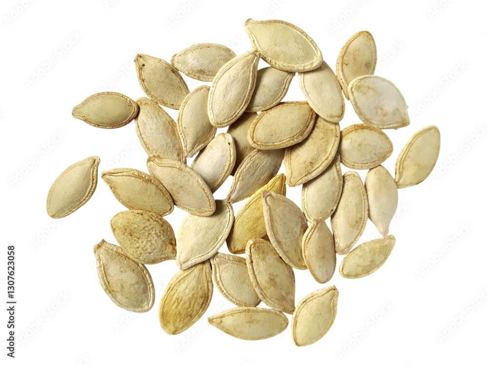 A scattering of pale beige pumpkin seeds, captured from a highangle shot against a pristine white background. This image evokes feelings of natural abundance and healthy eating. A scattering of pale beige pumpkin seeds, captured from a highangle shot against a pristine white background. This image evokes feelings of natural abundance and healthy eating.