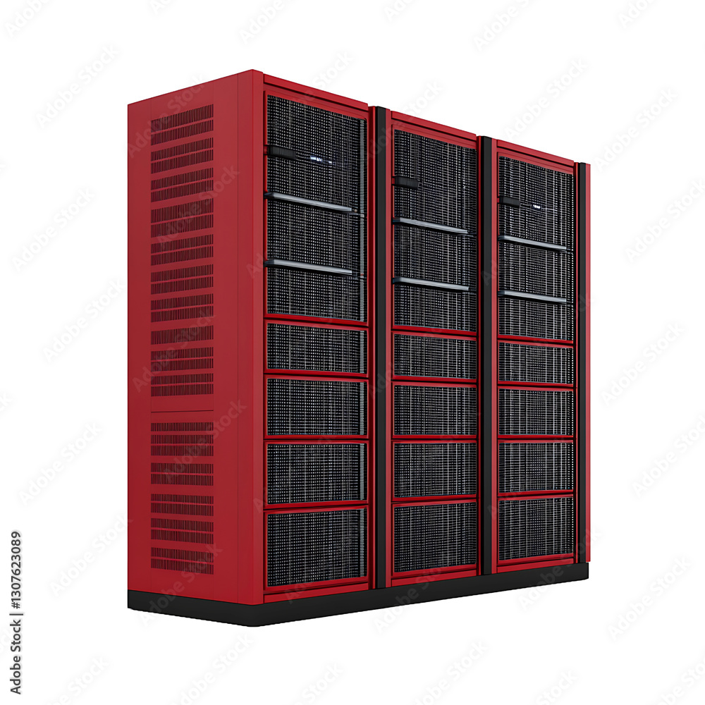 Red server rack array: data storage solutions. High-density computing infrastructure for modern IT needs. Scalable and reliable server cabinets for data centers. Red server rack array: data storage solutions. High-density computing infrastructure for modern IT needs. Scalable and reliable server cabinets for data centers.