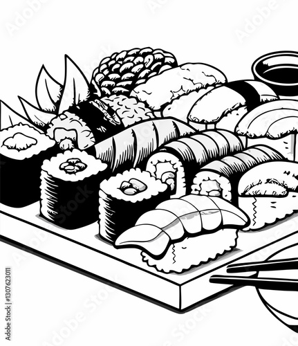 Black and white detailed illustration of a sushi platter featuring various sushi rolls, nigiri, wasabi, soy sauce, and chopsticks in a traditional Japanese cuisine style with intricate woodcut line ar