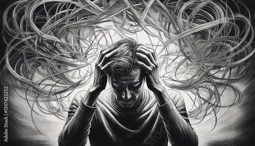 Generated image of A person with their head in their hands, surrounded by swirling chaotic lines symbolizing intrusive thoughts, capturing the overwhelming nature of anxiety.