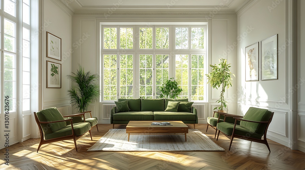 Fototapeta premium Spacious Modern Living Room with Natural Light, A modern, spacious living room featuring a green sofa, wooden coffee table