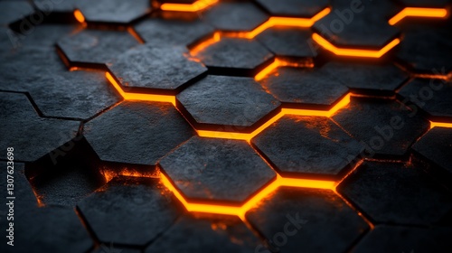 Glowing Orange Hexagons Dark Abstract Background. AI Generated