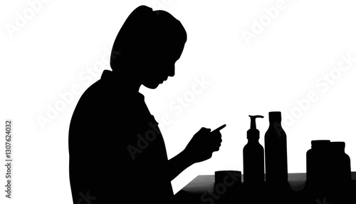 Silhouette of woman examining beauty products on a table