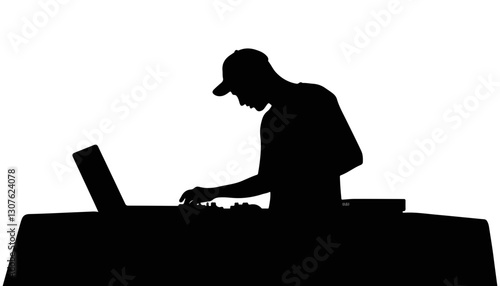 Silhouette of DJ mixing music with a laptop on a table