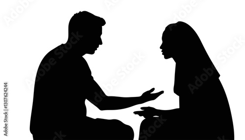 Silhouetted couple in conversation against white background
