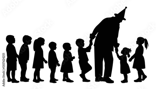 Children lining up with a clown against a white background