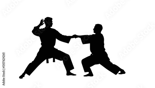 Two martial artists practicing together in silhouette