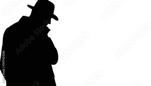Silhouette of a man in hat contemplating against white background