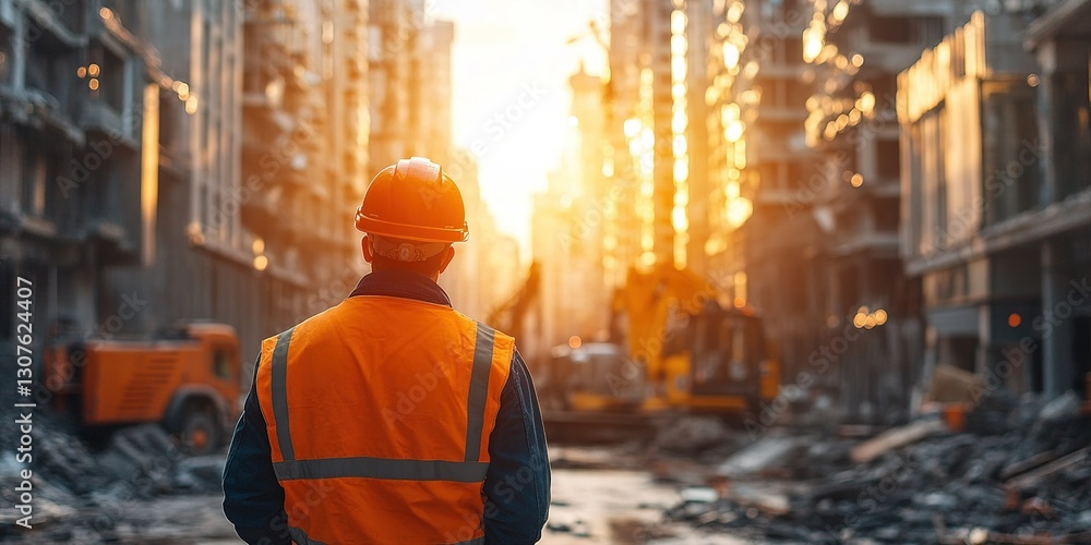 Obraz premium Construction worker observing sunset in urban demolition site with heavy machinery at work