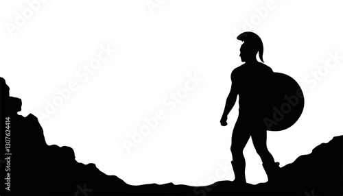 Silhouette of a warrior standing against a rocky background