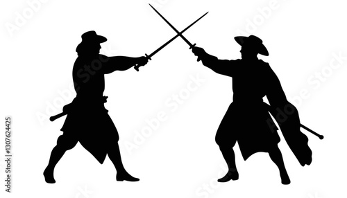 Silhouetted duelists fighting with swords against a white background