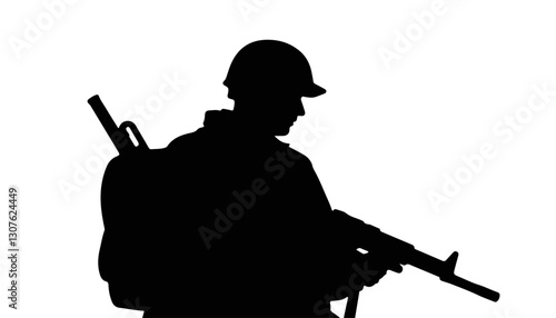 Silhouette of soldier holding rifle against white background