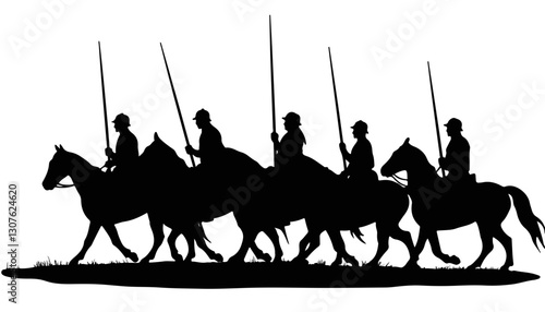 Silhouetted horse riders marching with spears against a plain backdrop