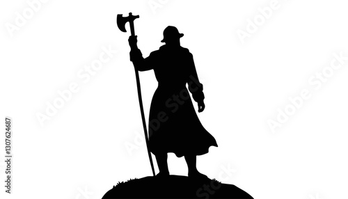 Silhouette of a warrior holding an axe against a white background