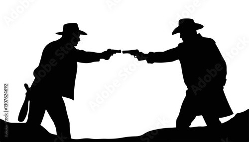 Silhouettes of cowboys drawing guns against a white background