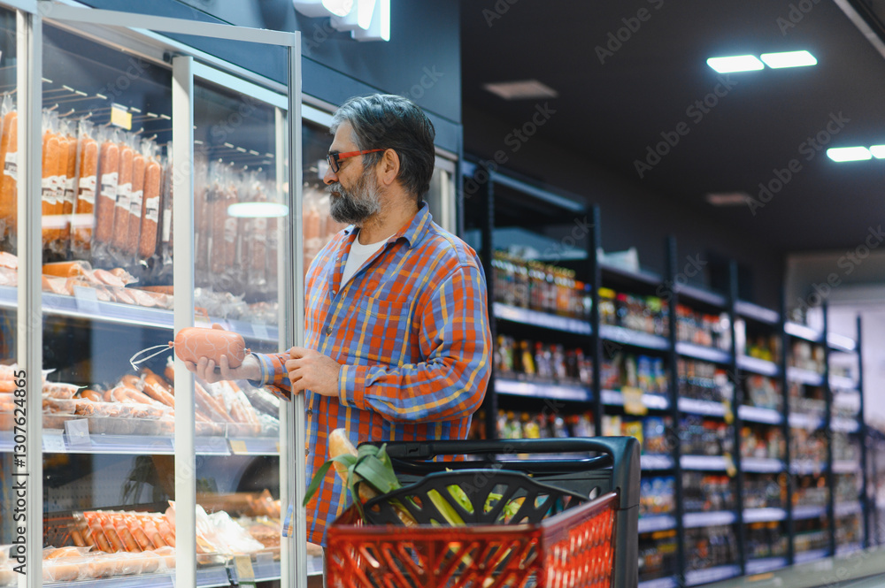 Obraz premium A senior man chooses a sausage in a supermarket with a basket of groceries