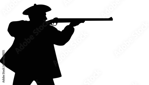 Silhouette of a hunter aiming with a rifle against a white background