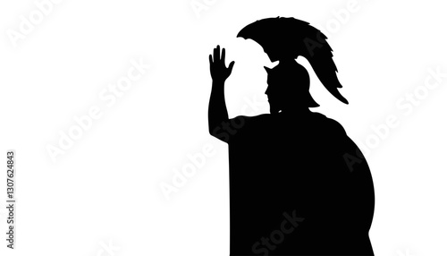 Silhouette of a warrior saluting against a white background