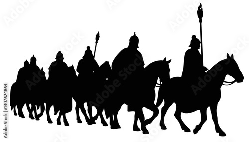 Silhouetted horsemen marching in formation