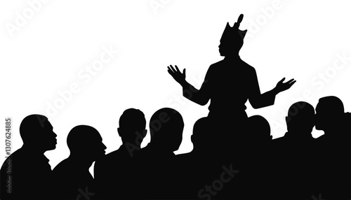 Speaker in crown addressing audience in silhouette