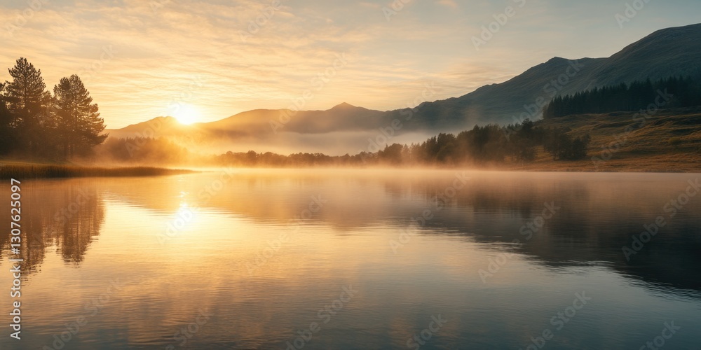 Fototapeta premium Lake sunset with mountain
