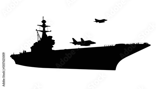 Silhouette of aircraft carrier with jets flying overhead