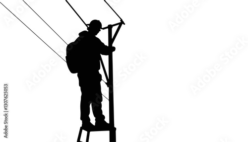 Worker climbing pole to maintain power lines in silhouette