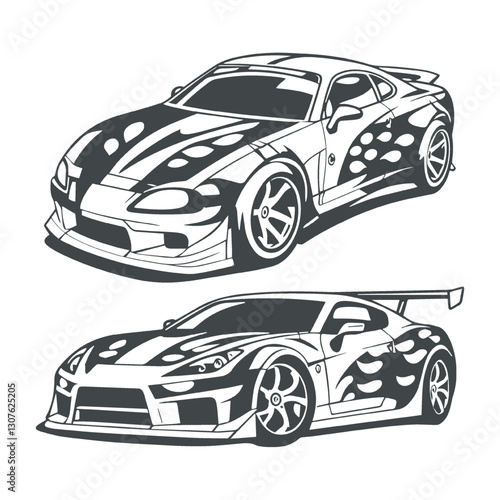 Black and white sports car or supercar vector illustration