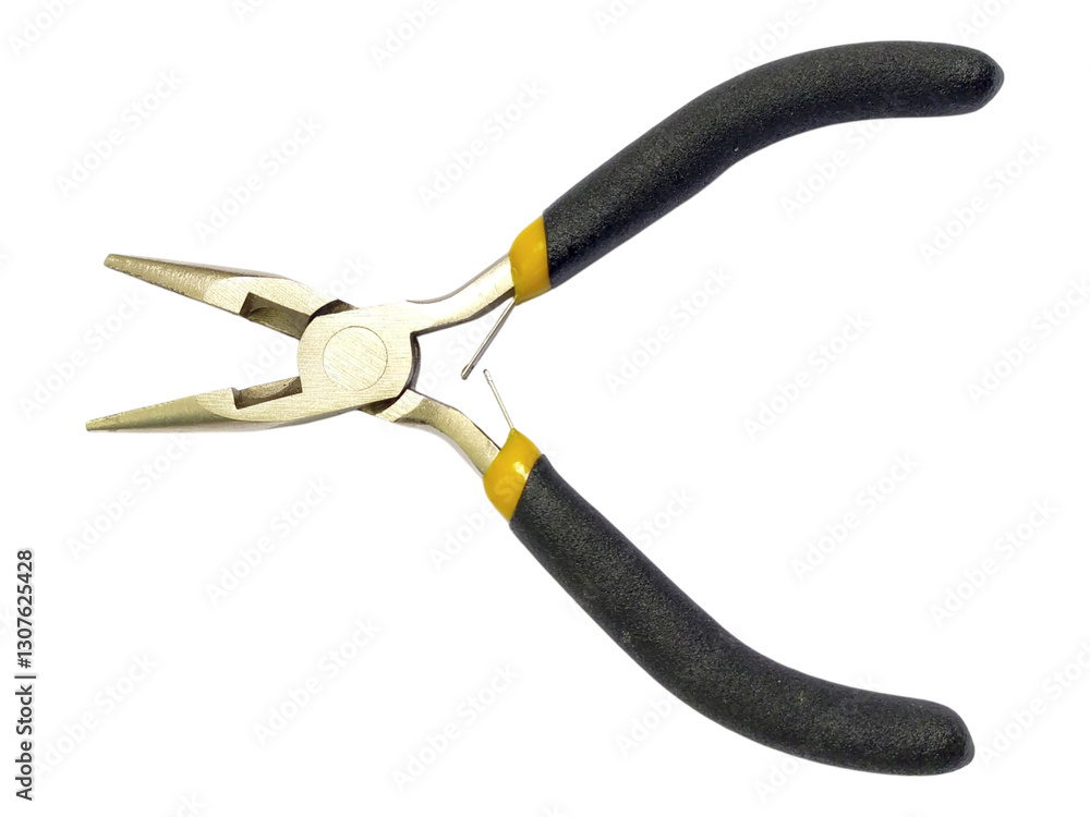Closeup of longnose pliers with black and yellow handles against a white background. Ideal for DIY, crafting, repair, and tool concept imagery. Closeup of longnose pliers with black and yellow handles against a white background. Ideal for DIY, crafting, repair, and tool concept imagery.