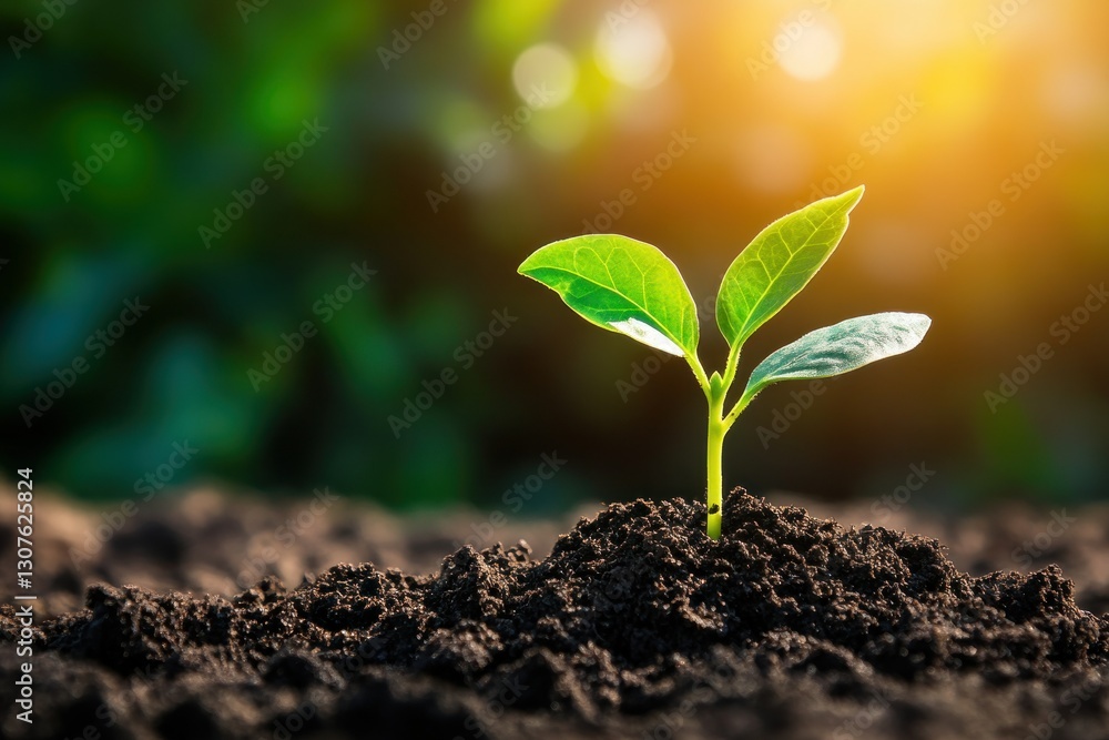 Fresh Green Seedling Emerging from Rich Soil Under Bright Sunlight in Nature's Garden Fresh Green Seedling Emerging from Rich Soil Under Bright Sunlight in Nature's Garden